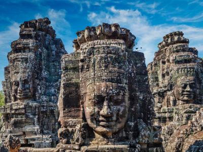 Bayon Temple stone face towers Angkor Thom Siem Reap Cambodia close view