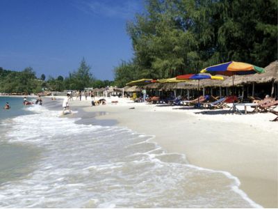 Sihanoukville beach Cambodia white sand sea view with umbrellas